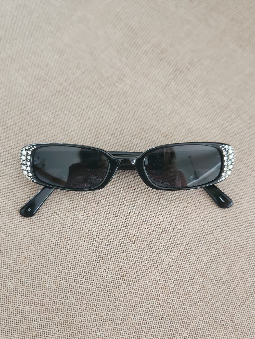 Vintage Fossil Black Rhinestone Rectangle Sunglasses